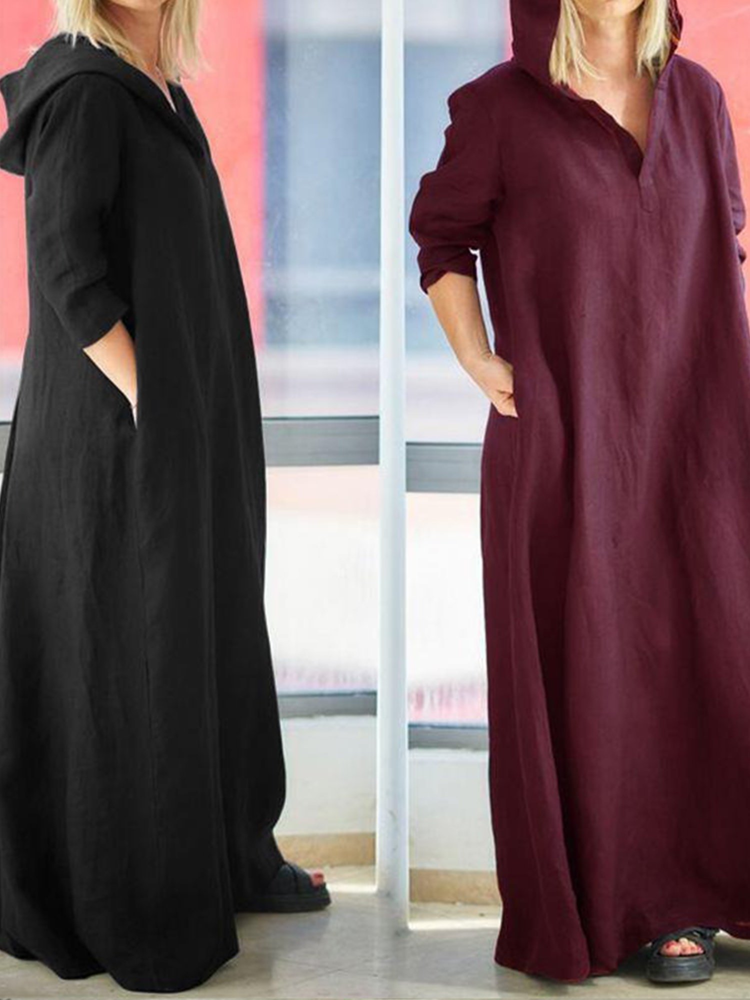 Femmes Plain Rouge Sweat-shirt à Capuche Confortable Robe Maxi Décontracté
