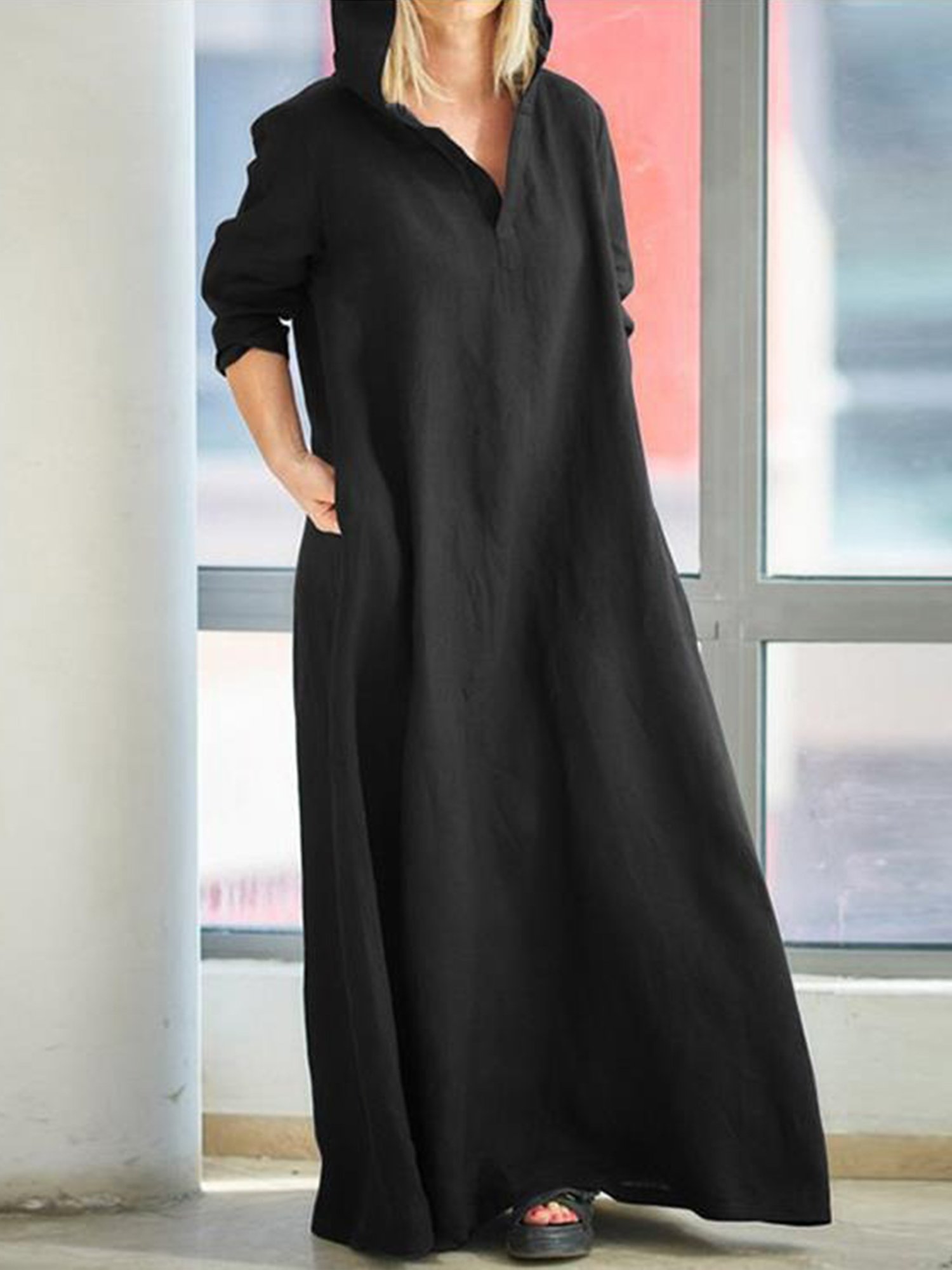 Femmes Plain Rouge Sweat-shirt à Capuche Confortable Robe Maxi Décontracté