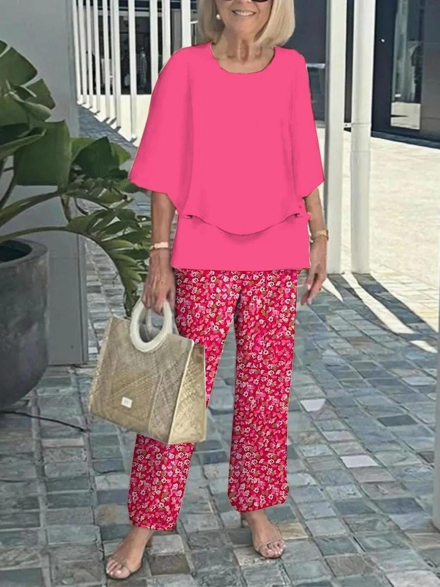 Deux Pièces Ensembles Géométrique Rétro Printemps / Automne Polyester Naturel Ample Manches trois quarts Top Avec Pantalons Régulier pour Femmes