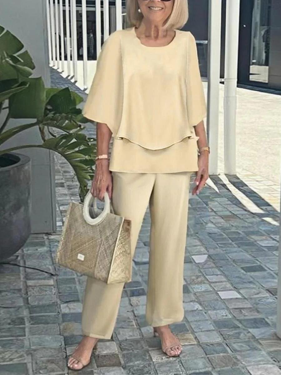 Deux Pièces Ensembles Géométrique Rétro Printemps / Automne Polyester Naturel Ample Manches trois quarts Top Avec Pantalons Régulier pour Femmes