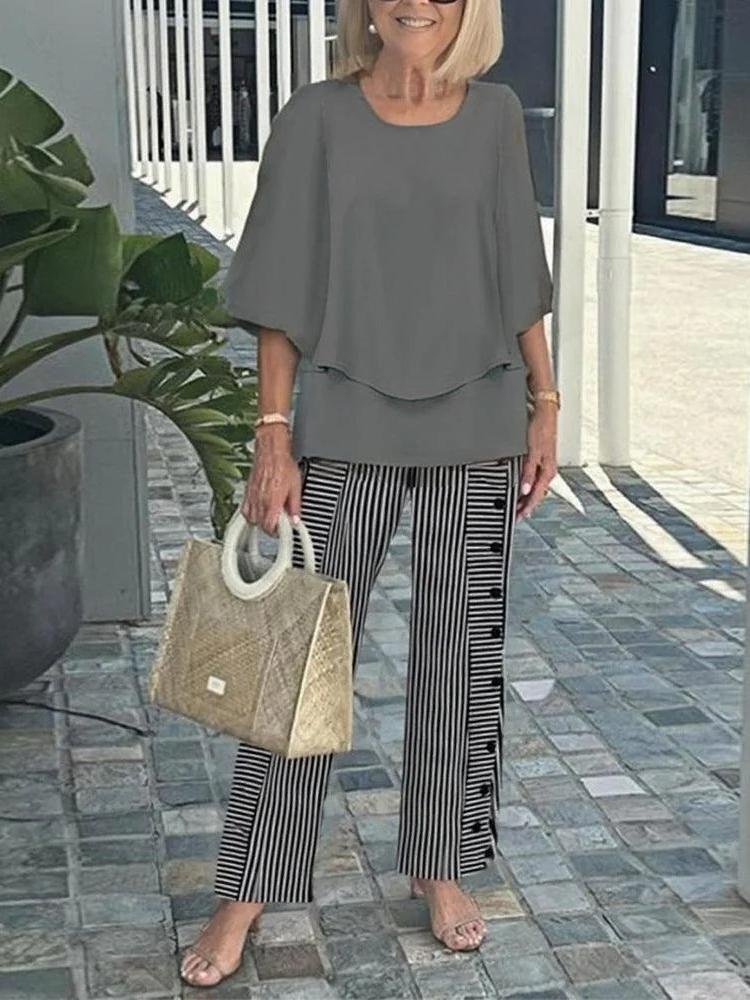 Deux Pièces Ensembles Géométrique Rétro Printemps / Automne Polyester Naturel Ample Manches trois quarts Top Avec Pantalons Régulier pour Femmes