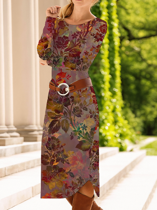 Femmes Floral Comme Image Col Rond Confortable Robe Mi-Longue Décontracté