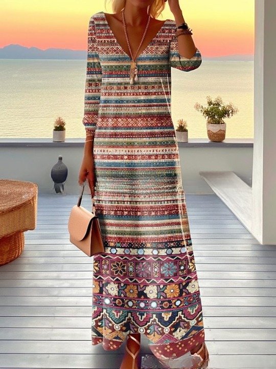 Femmes Rayé Jaune Col V Confortable Joint Fendu Robe Maxi Rétro