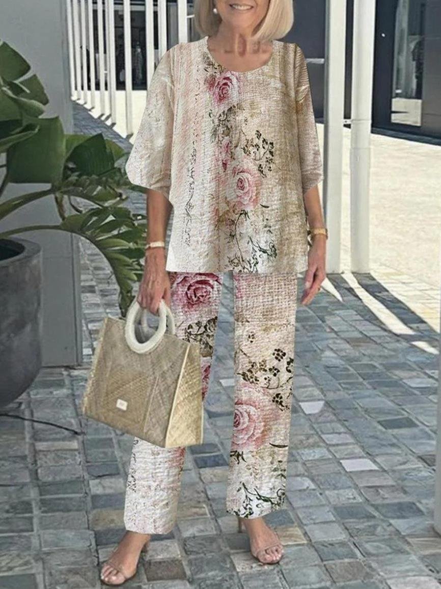 Deux Pièces Ensembles Géométrique Rétro Printemps / Automne Polyester Naturel Ample Manches trois quarts Top Avec Pantalons Régulier pour Femmes