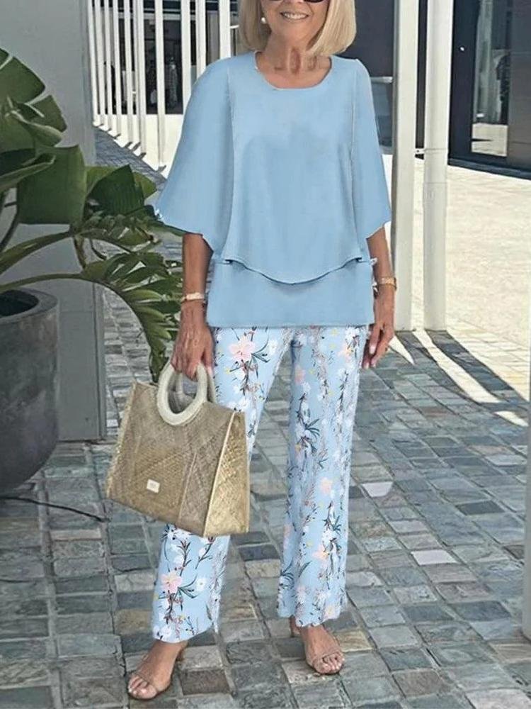 Deux Pièces Ensembles Géométrique Rétro Printemps / Automne Polyester Naturel Ample Manches trois quarts Top Avec Pantalons Régulier pour Femmes