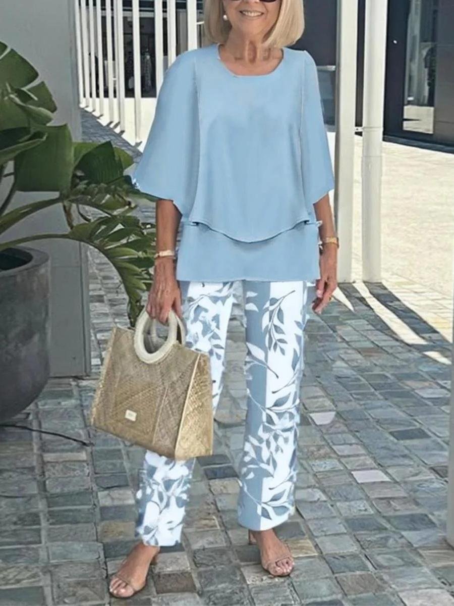 Deux Pièces Ensembles Géométrique Rétro Printemps / Automne Polyester Naturel Ample Manches trois quarts Top Avec Pantalons Régulier pour Femmes