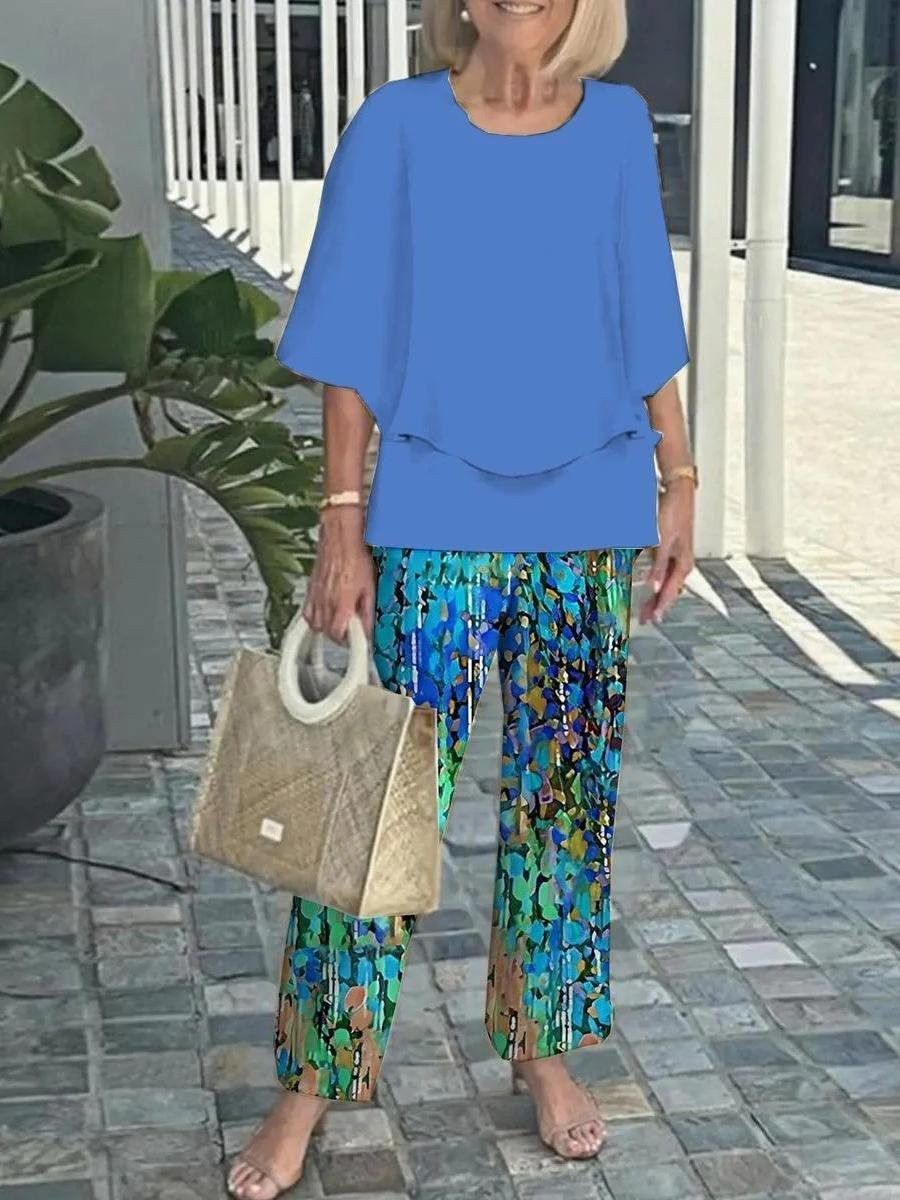 Deux Pièces Ensembles Géométrique Rétro Printemps / Automne Polyester Naturel Ample Manches trois quarts Top Avec Pantalons Régulier pour Femmes