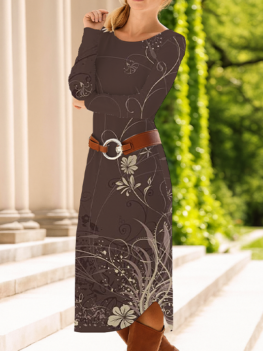 Femmes Floral Brun Col Rond Confortable Robe Mi-Longue Décontracté