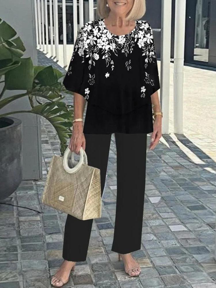 Deux Pièces Ensembles Géométrique Rétro Printemps / Automne Polyester Naturel Ample Manches trois quarts Top Avec Pantalons Régulier pour Femmes