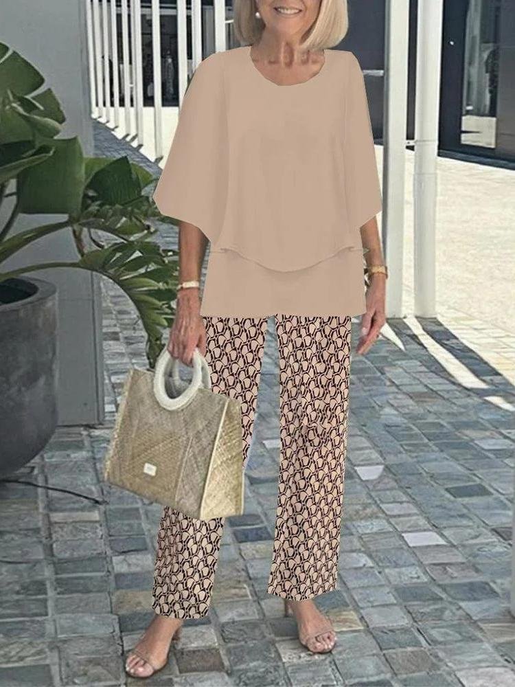 Deux Pièces Ensembles Géométrique Rétro Printemps / Automne Polyester Naturel Ample Manches trois quarts Top Avec Pantalons Régulier pour Femmes