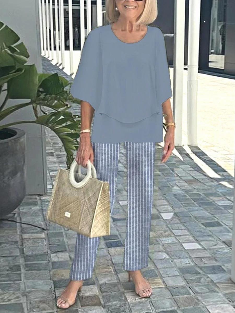 Deux Pièces Ensembles Géométrique Rétro Printemps / Automne Polyester Naturel Ample Manches trois quarts Top Avec Pantalons Régulier pour Femmes