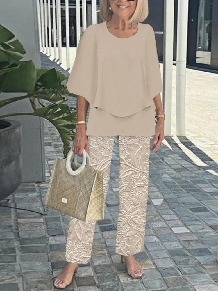 Deux Pièces Ensembles Géométrique Rétro Printemps / Automne Polyester Naturel Ample Manches trois quarts Top Avec Pantalons Régulier pour Femmes