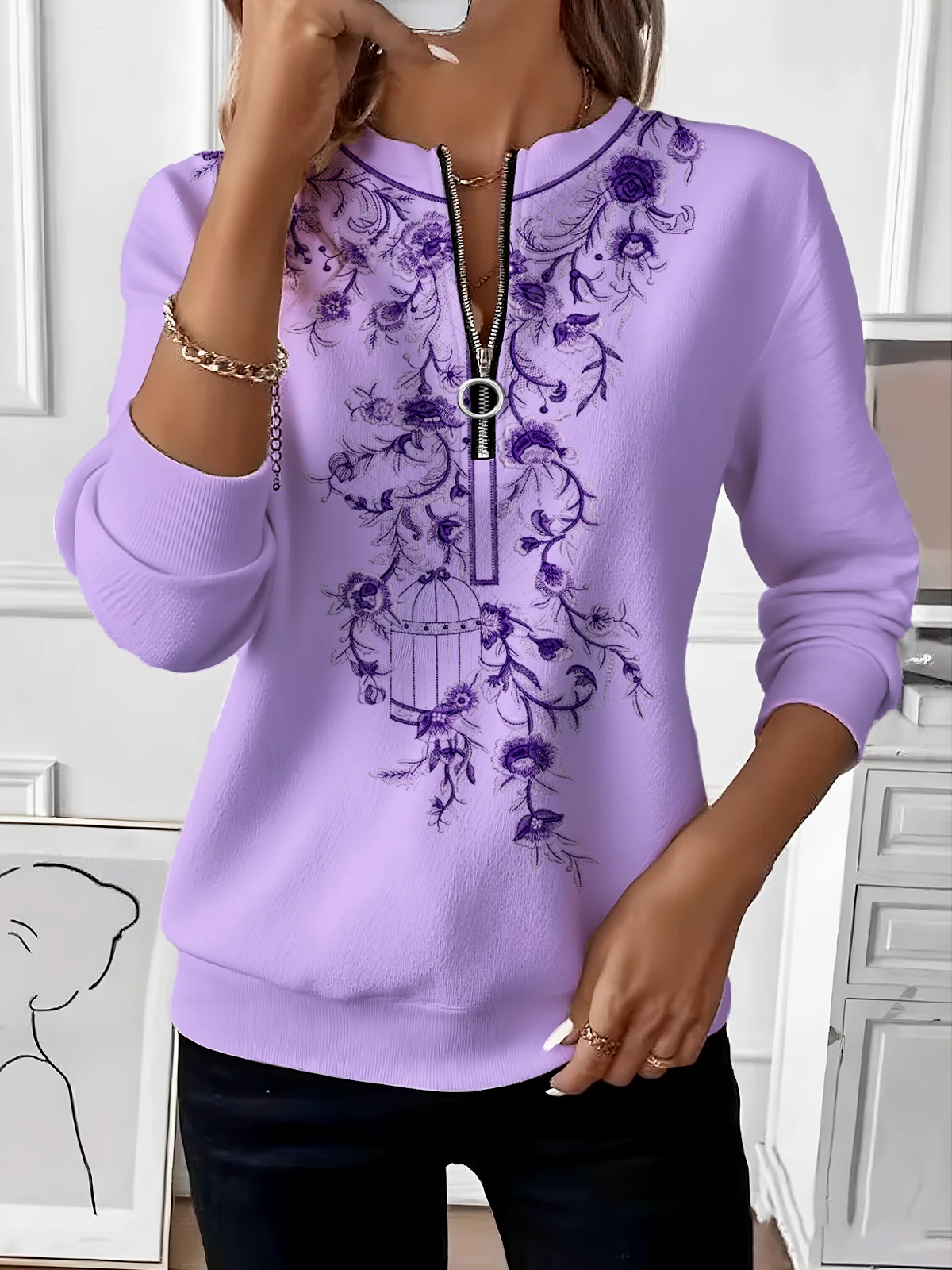 Sweat-shirts Femmes Simple Ombre Printemps / Automne Micro-élasticité Domestique Manches Longues Col Rond Régulier Droit