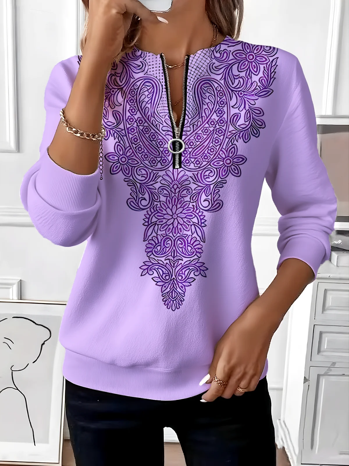 Sweat-shirts Femmes Simple Ombre Printemps / Automne Micro-élasticité Domestique Manches Longues Col Rond Régulier Droit