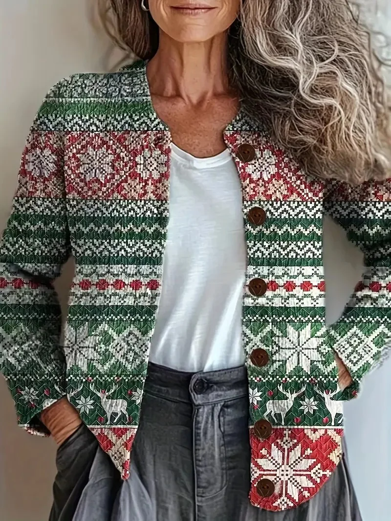 Cardigans Femmes Festival Ethnique Printemps / Automne Noël Boutons Manches Longues Col Rond Régulier Régulier