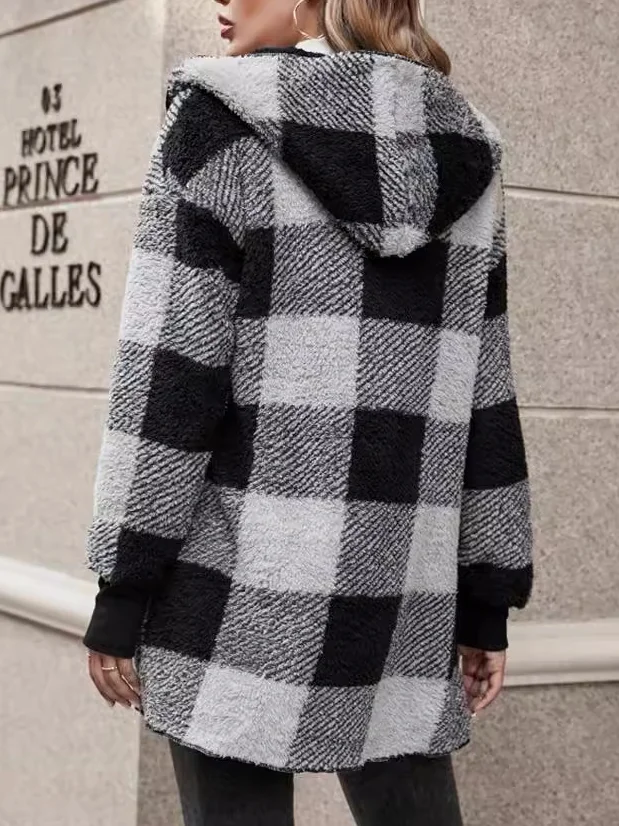 Micro-élasticité Encapuchonné Manches Longues Régulier Plaid Sweat à capuche zippé Blouson Joint Fendu pour Femmes