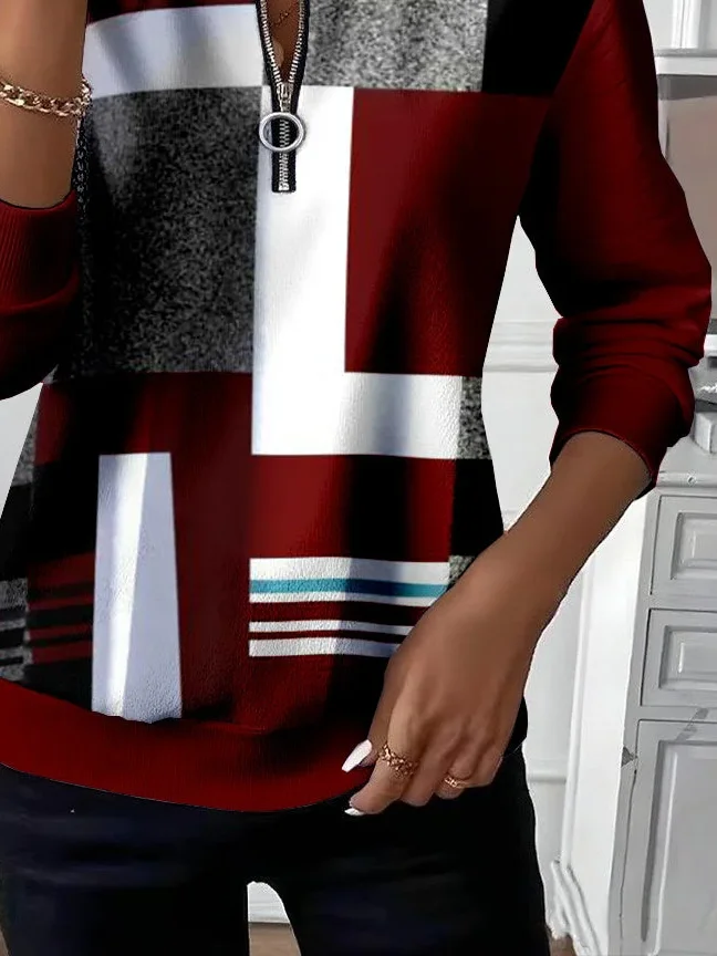 Sweat-shirts Décontracté Abstrait Printemps / Automne Polyester Zip Micro-élasticité Manches Longues Droit Régulier pour Femmes