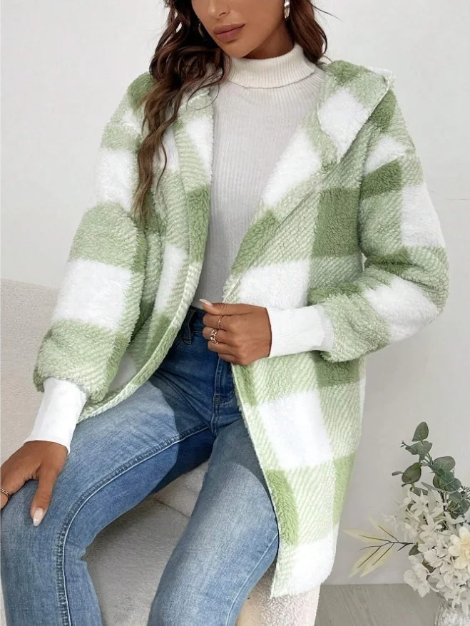 Micro-élasticité Encapuchonné Manches Longues Régulier Plaid Sweat à capuche zippé Blouson Joint Fendu pour Femmes