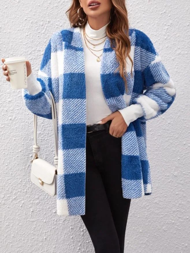 Micro-élasticité Encapuchonné Manches Longues Régulier Plaid Sweat à capuche zippé Blouson Joint Fendu pour Femmes