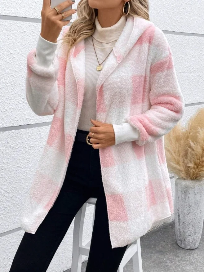 Micro-élasticité Encapuchonné Manches Longues Régulier Plaid Sweat à capuche zippé Blouson Joint Fendu pour Femmes