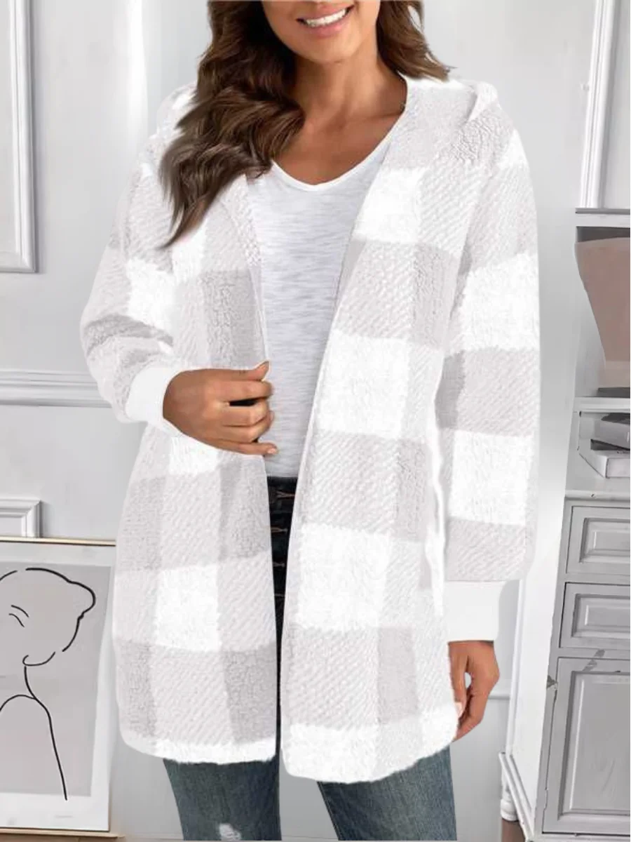 Micro-élasticité Encapuchonné Manches Longues Régulier Plaid Sweat à capuche zippé Blouson Joint Fendu pour Femmes