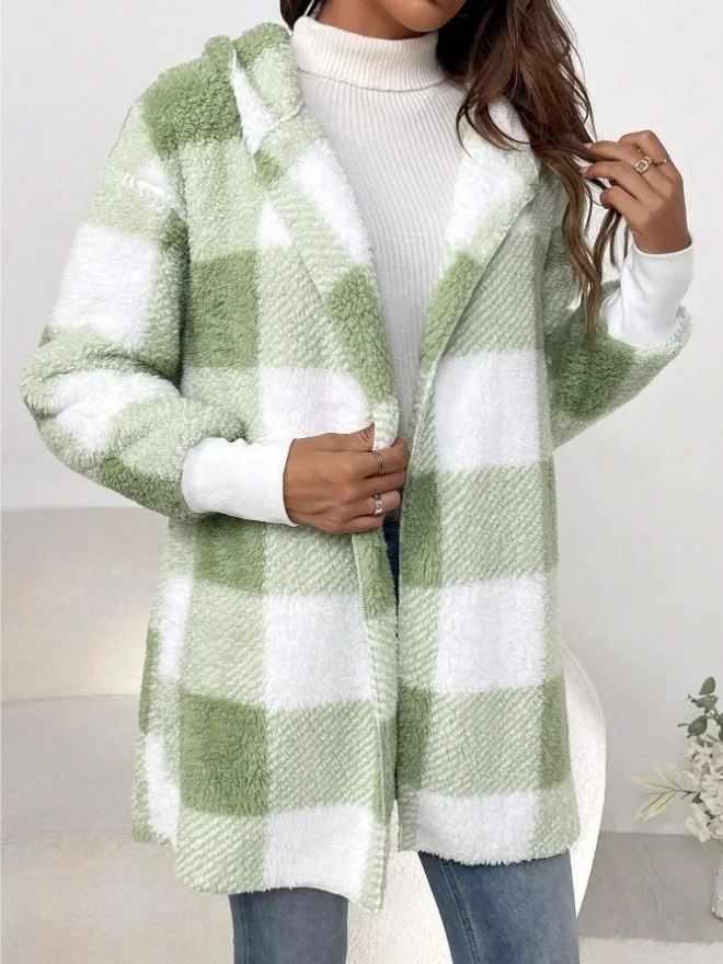 Micro-élasticité Encapuchonné Manches Longues Régulier Plaid Sweat à capuche zippé Blouson Joint Fendu pour Femmes