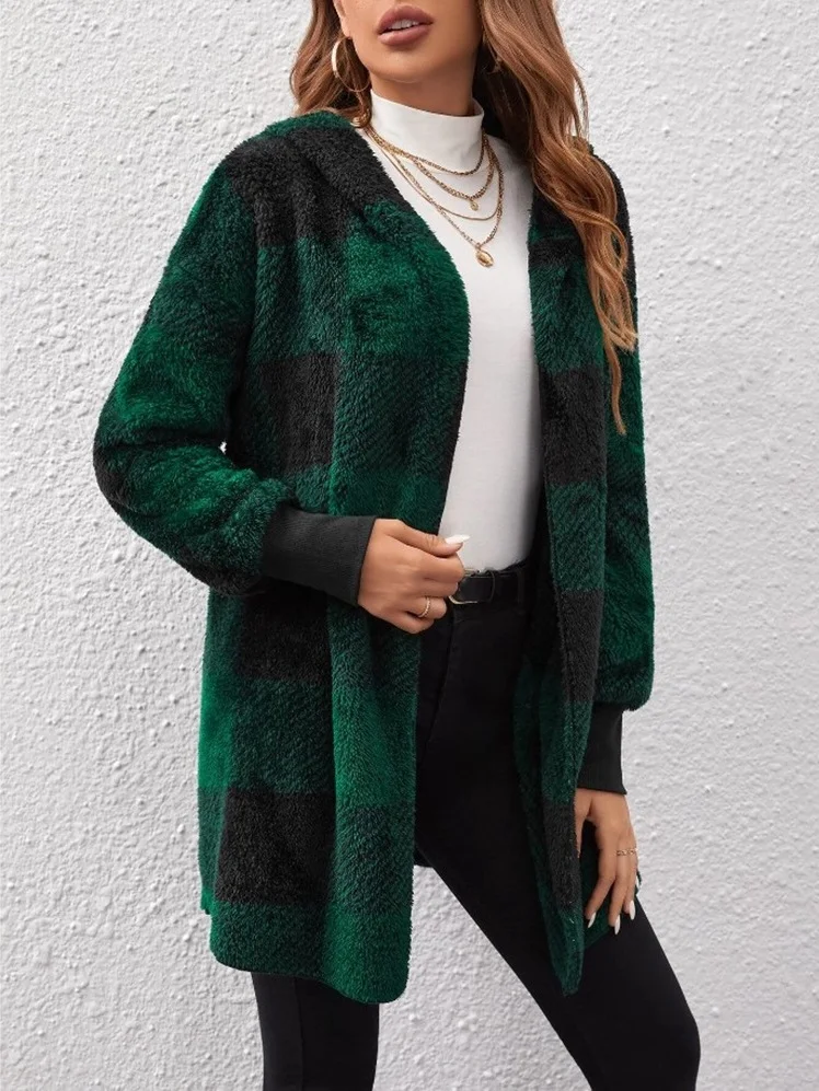 Micro-élasticité Encapuchonné Manches Longues Régulier Plaid Sweat à capuche zippé Blouson Joint Fendu pour Femmes