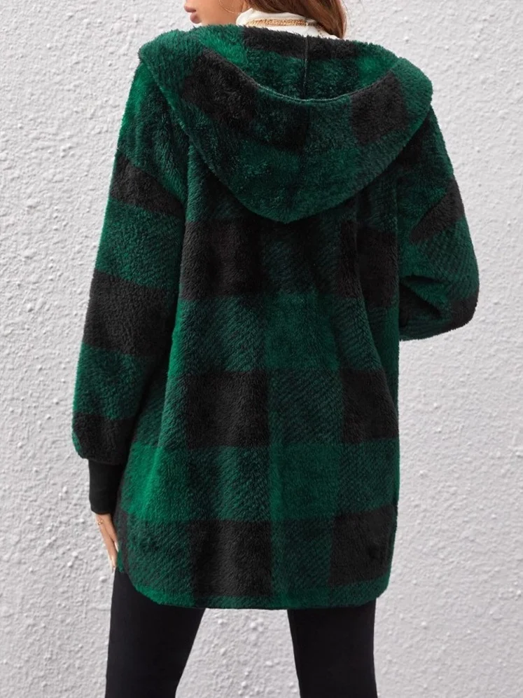 Micro-élasticité Encapuchonné Manches Longues Régulier Plaid Sweat à capuche zippé Blouson Joint Fendu pour Femmes
