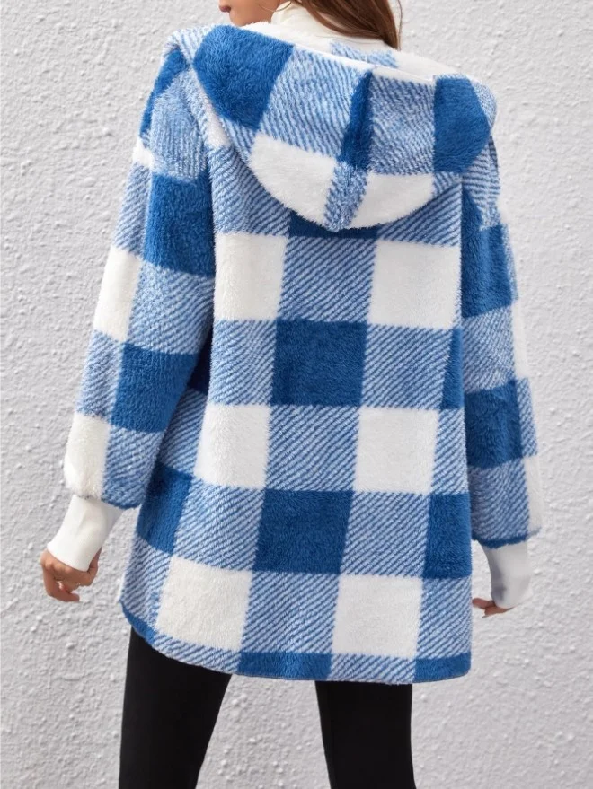 Micro-élasticité Encapuchonné Manches Longues Régulier Plaid Sweat à capuche zippé Blouson Joint Fendu pour Femmes