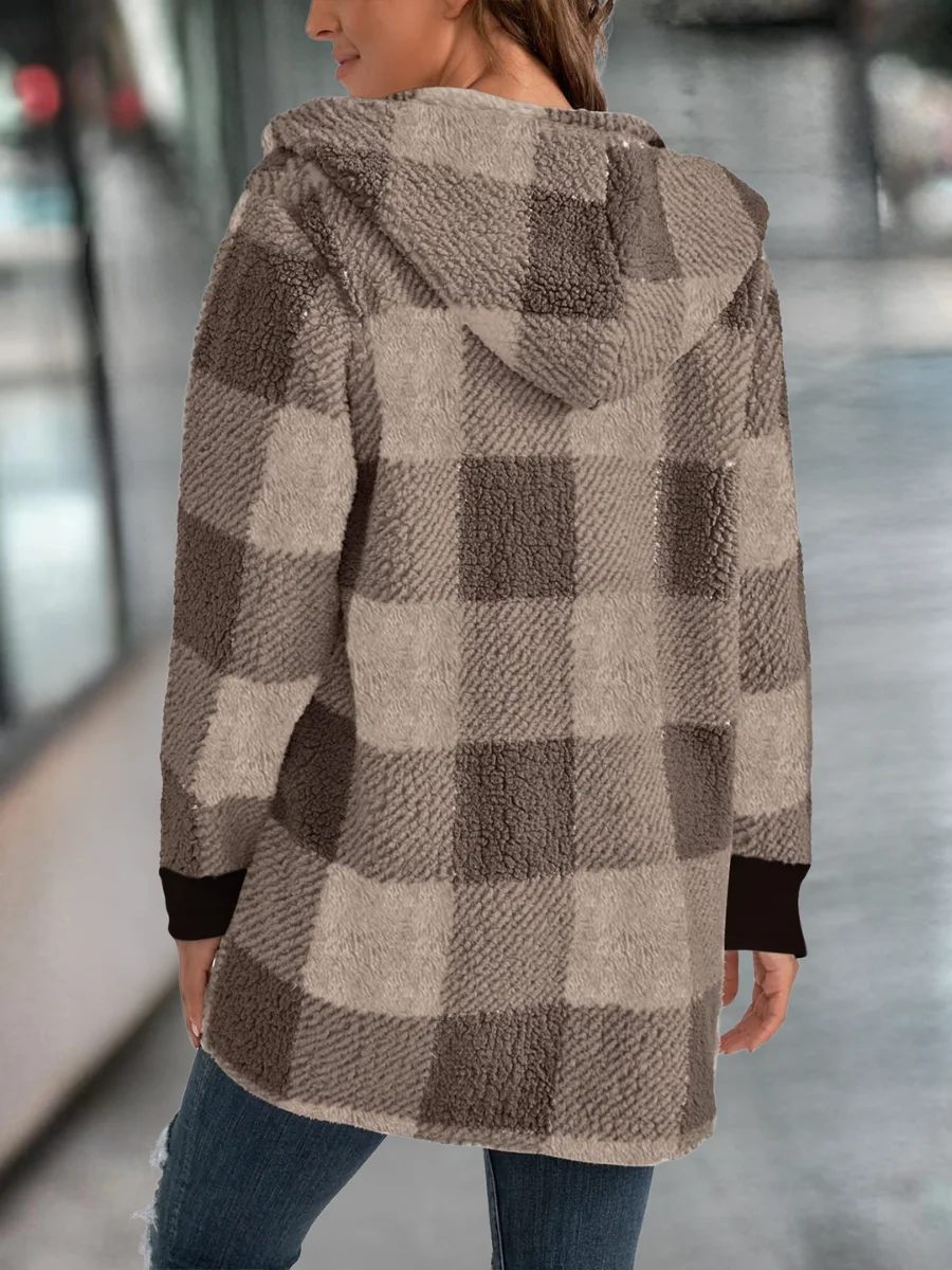 Micro-élasticité Encapuchonné Manches Longues Régulier Plaid Sweat à capuche zippé Blouson Joint Fendu pour Femmes