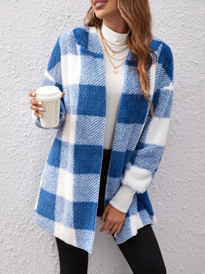 Micro-élasticité Encapuchonné Manches Longues Régulier Plaid Sweat à capuche zippé Blouson Joint Fendu pour Femmes