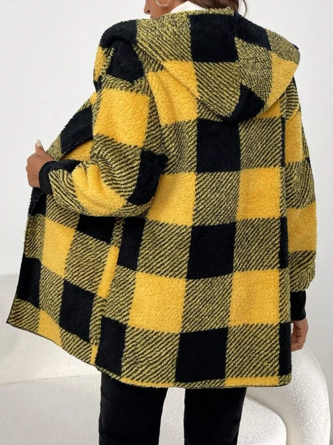 Micro-élasticité Encapuchonné Manches Longues Régulier Plaid Sweat à capuche zippé Blouson Joint Fendu pour Femmes