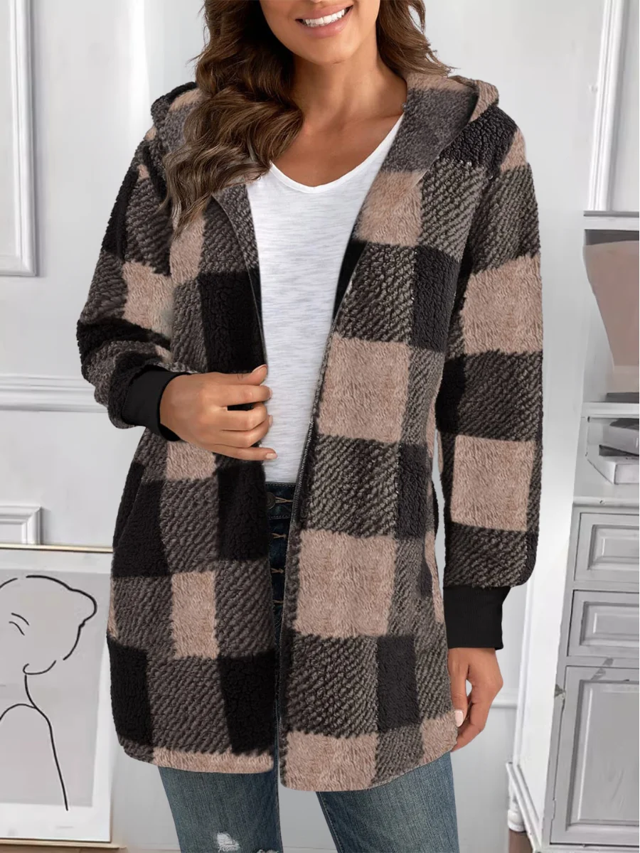 Micro-élasticité Encapuchonné Manches Longues Régulier Plaid Sweat à capuche zippé Blouson Joint Fendu pour Femmes
