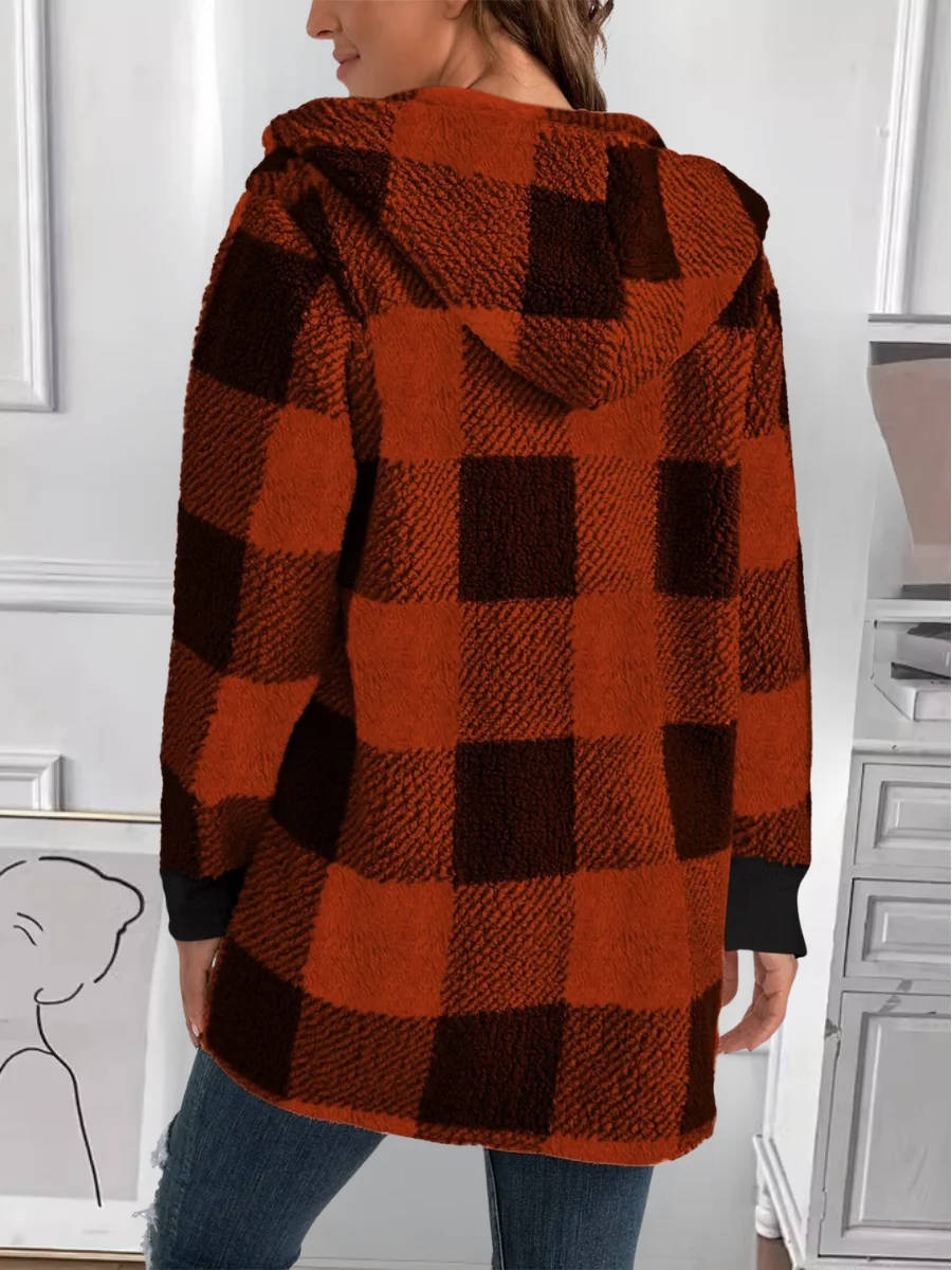 Micro-élasticité Encapuchonné Manches Longues Régulier Plaid Sweat à capuche zippé Blouson Joint Fendu pour Femmes