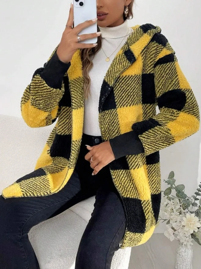 Micro-élasticité Encapuchonné Manches Longues Régulier Plaid Sweat à capuche zippé Blouson Joint Fendu pour Femmes