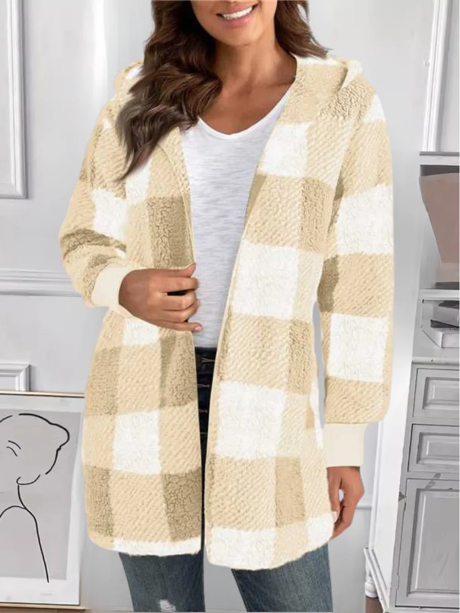 Micro-élasticité Encapuchonné Manches Longues Régulier Plaid Sweat à capuche zippé Blouson Joint Fendu pour Femmes