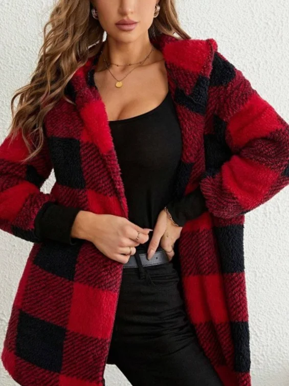 Micro-élasticité Encapuchonné Manches Longues Régulier Plaid Sweat à capuche zippé Blouson Joint Fendu pour Femmes