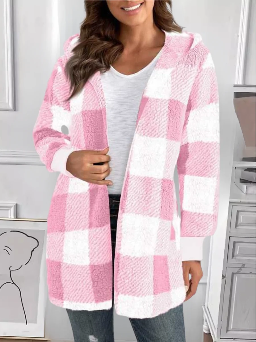 Micro-élasticité Encapuchonné Manches Longues Régulier Plaid Sweat à capuche zippé Blouson Joint Fendu pour Femmes