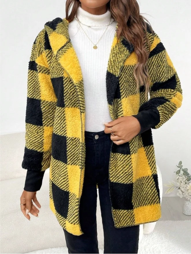 Micro-élasticité Encapuchonné Manches Longues Régulier Plaid Sweat à capuche zippé Blouson Joint Fendu pour Femmes