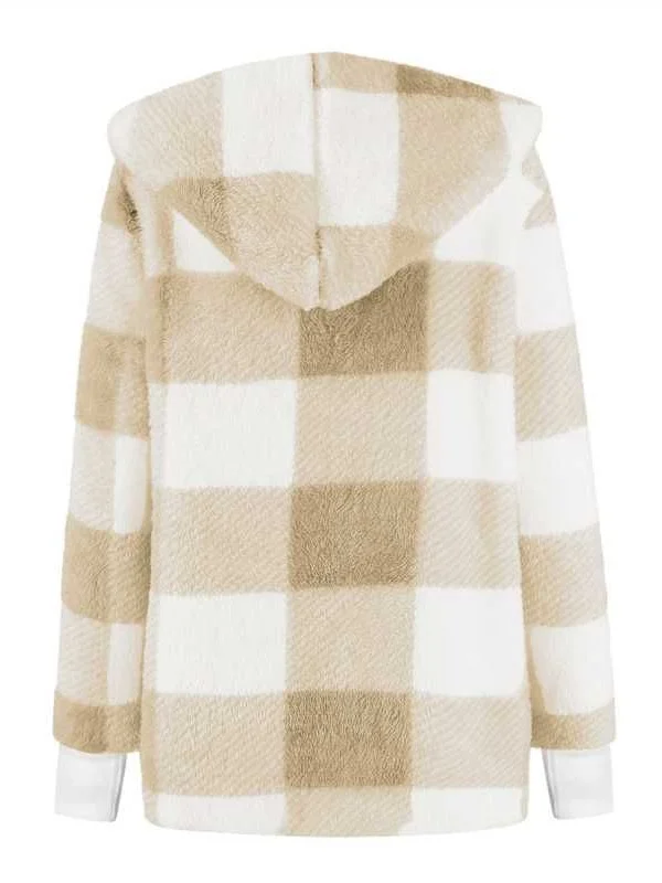 Micro-élasticité Encapuchonné Manches Longues Régulier Plaid Sweat à capuche zippé Blouson Joint Fendu pour Femmes