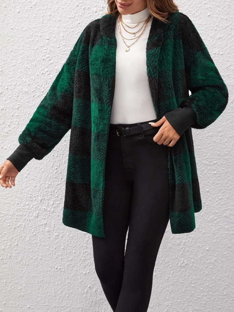 Micro-élasticité Encapuchonné Manches Longues Régulier Plaid Sweat à capuche zippé Blouson Joint Fendu pour Femmes
