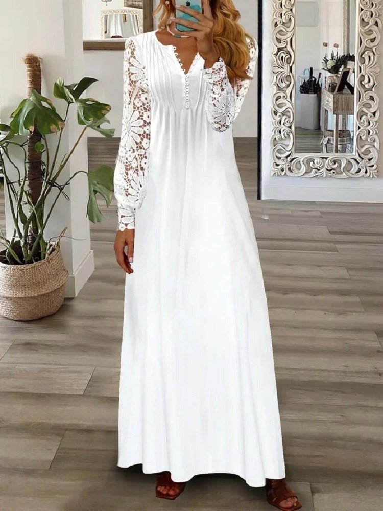 Femmes Floral Gris-rose Col V Confortable Imprimé Robe Maxi Rétro