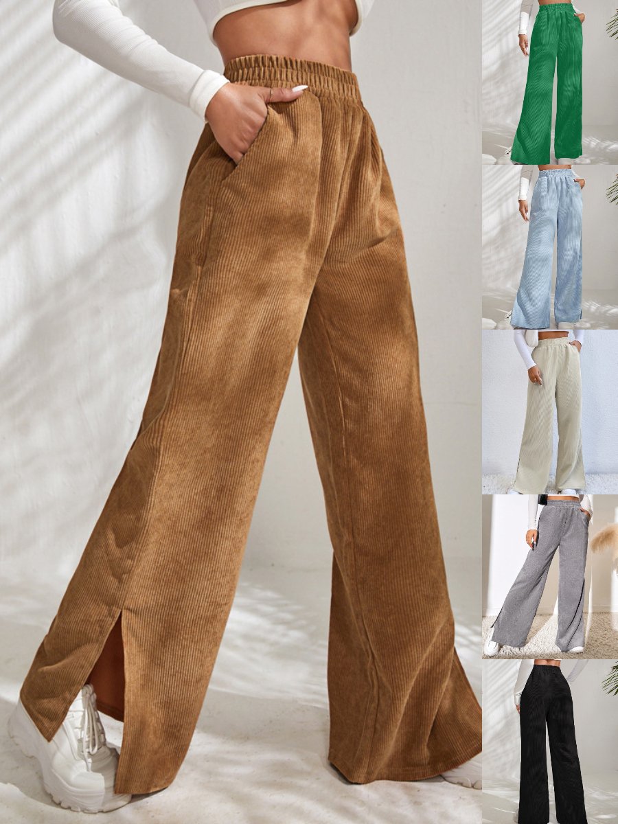Pantalons Élégant Plain Printemps / Automne Velours Côtelé Joint Fendu Naturel Poids lourd Pantalons à Jambe Large Droit pour Femmes