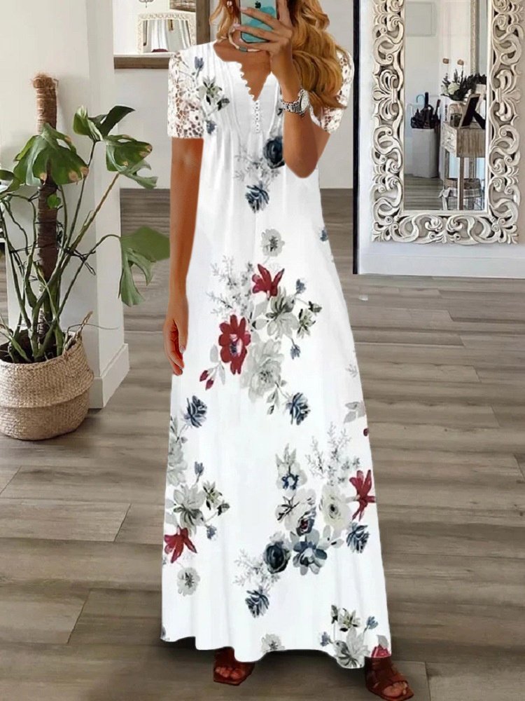 Femmes Floral Gris-rose Col V Confortable Imprimé Robe Maxi Rétro