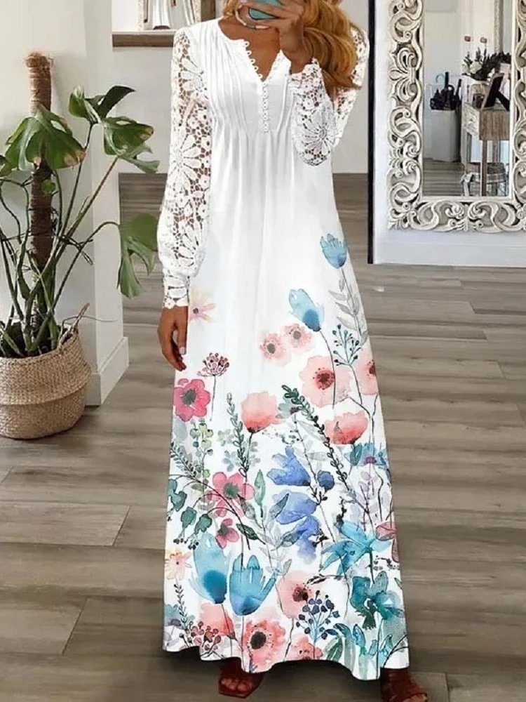 Femmes Floral Gris-rose Col V Confortable Imprimé Robe Maxi Rétro