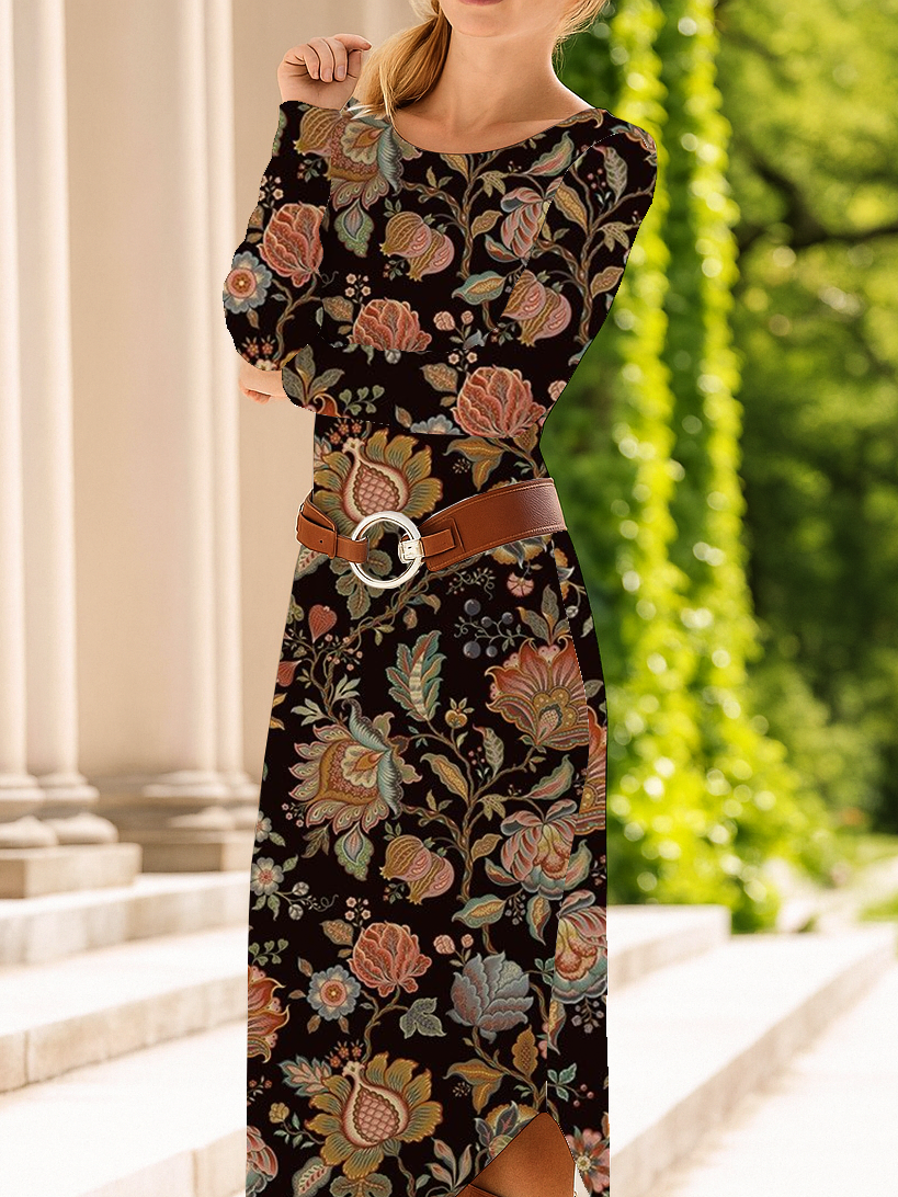 Femmes Floral Noir Col Rond Confortable Robe Mi-Longue Décontracté