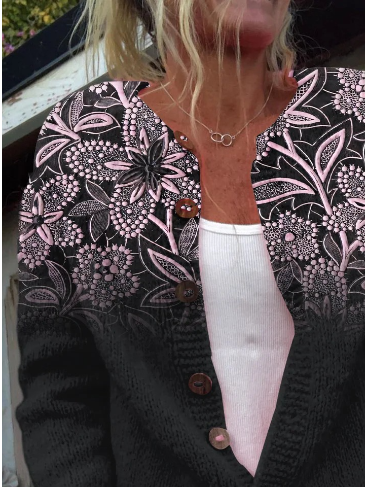 Cardigans Femmes Paysan Floral Printemps / Automne Tricoté Micro-élasticité Ample Boutons Manches Longues Régulier