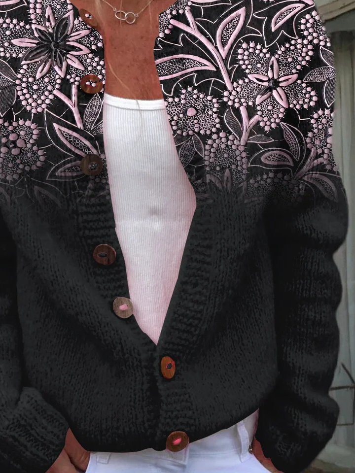 Cardigans Femmes Paysan Floral Printemps / Automne Tricoté Micro-élasticité Ample Boutons Manches Longues Régulier