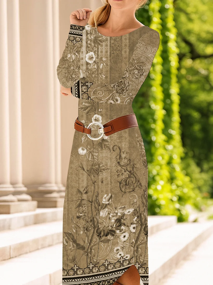 Femmes Floral Brun Col Rond Confortable Robe Mi-Longue Décontracté