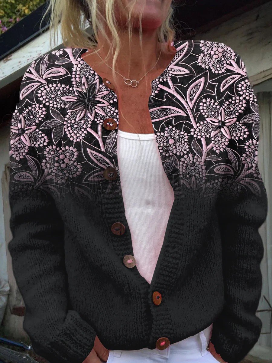 Cardigans Femmes Paysan Floral Printemps / Automne Tricoté Micro-élasticité Ample Boutons Manches Longues Régulier